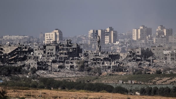 A view of destroyed buildings in Gaza seen from Sderot, Israel