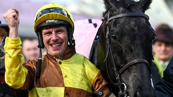 Paul Townend celebrates after Galopin Des Champs had won the Boodles Cheltenham Gold Cup Chase on St Patrick's Day